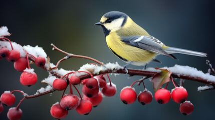 A cute little tit sits on a branch with red berries in a snowy winter forest. - obrazy, fototapety, plakaty