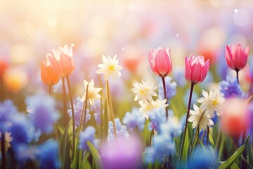 Abstract Defocused Spring Background - Tulips And Hyacinth Flowers