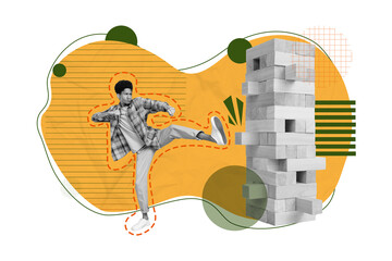 Photo banner collage design of funny strong confident aggressive stupid man kick leg wooden jenga...
