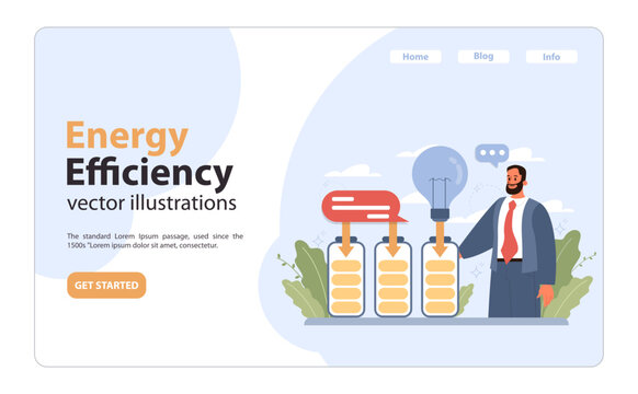Energy Efficiency concept. Professional man monitors battery levels, showcasing energy conservation with glowing bulb. Advancement in power saving technologies. Flat vector illustration