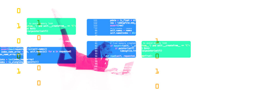 Young woman, freelance, IT worker creating code for website, application. Coding. Html, css, java. Contemporary art collage. Concept of computer programming, developing software, modern technologies