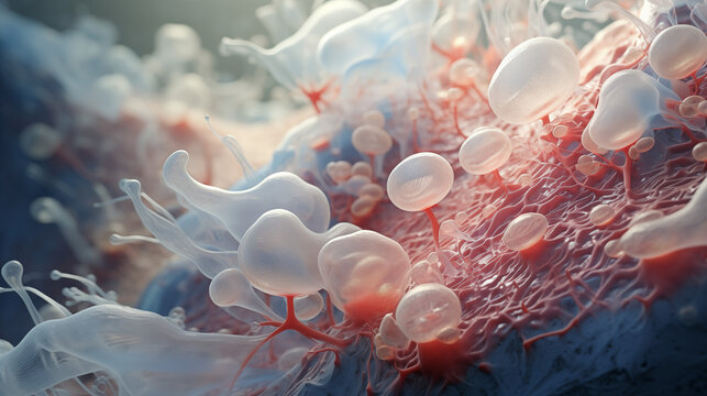 Microscopic photography capturing the depth of field in the unseen world: a dynamic amoeba in motion, electric arcs in various forms, a pale body with skin adorned by crystals, and faintly discernible