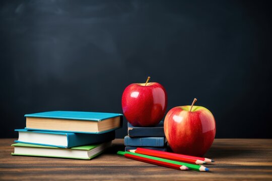 apple on books with pencils and empty blackboard