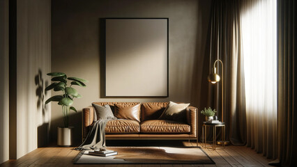 Modern living room interior with elegant leather sofa, artwork frame mockup hanging on the wall, empty frame on wall for art, green plant accent, cozy home design with natural light, chic urban home
