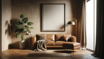 Modern living room interior with elegant leather sofa, artwork frame mockup hanging on the wall, empty frame on wall for art, green plant accent, cozy home design with natural light, chic urban home