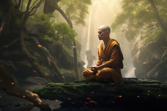 Asian monk meditating in the forest