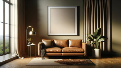 Modern living room interior with elegant leather sofa, artwork frame mockup hanging on the wall, empty frame on wall for art, green plant accent, cozy home design with natural light, chic urban home