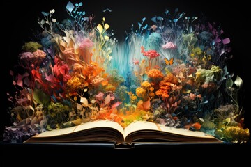 Open book with a rainbow and colorful flowers and trees.