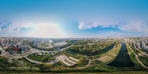 Beautiful sunset panoramic aerial drone view to panorama of Warsaw modern City with skyscraper and...