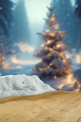Fototapeta na wymiar Wooden desk of free space for your decoration and winter landscape. Christmas time in mountains. Cold december time and mockup background for your products. New year time .