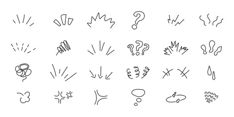 Japanese manga line elements for character emotions Hand drawn doodles in cute style. - obrazy, fototapety, plakaty