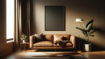 Modern living room interior with elegant leather sofa, artwork frame mockup hanging on the wall, empty frame on wall for art, green plant accent, cozy home design with natural light, chic urban home