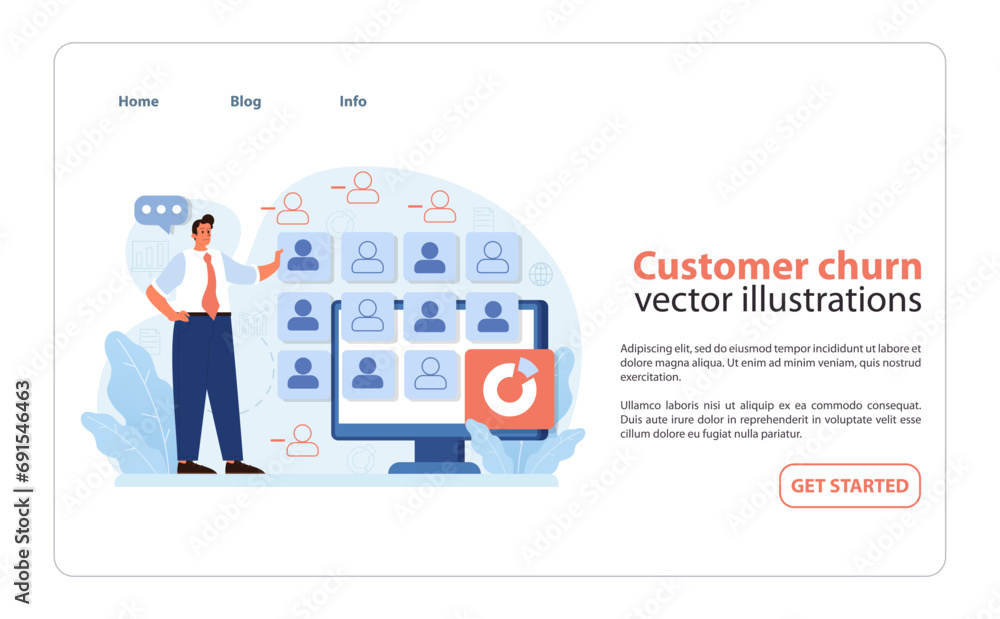 Poster professional analyzing customer churn on a digital screen, highlighting lost clients among the activ
