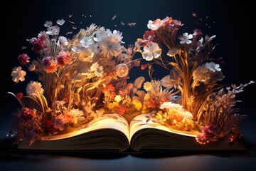 Open book with colorful flowers and trees