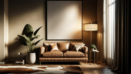 Modern living room interior with elegant leather sofa, artwork frame mockup hanging on the wall, empty frame on wall for art, green plant accent, cozy home design with natural light, chic urban home