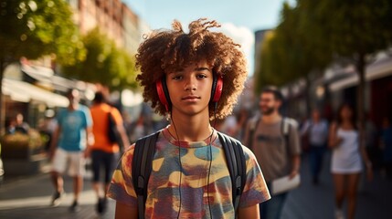 Genuine photo of cheerful adolescent boy with braces listening to music while posing on sidewalk with friends in background. Optimistic living, warm weather idea. - obrazy, fototapety, plakaty
