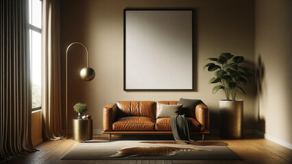 Modern living room interior with elegant leather sofa, artwork frame mockup hanging on the wall, empty frame on wall for art, green plant accent, cozy home design with natural light, chic urban home