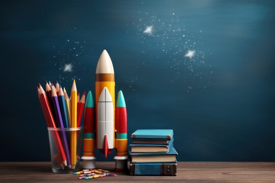 Back To School - Rocket With Colorful Pencils And Blackboard