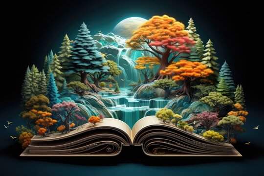 Open book with waterfall, trees and a forest