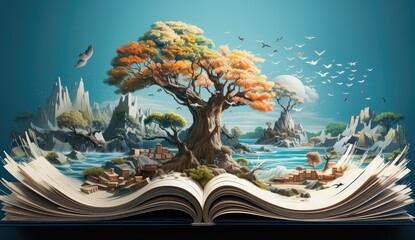 Open book with marine scenes with tree, ship and seaweed as a concept of imagination developement from reading books. 