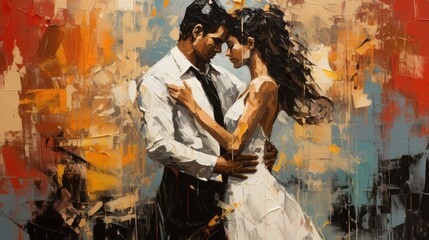 Painting of romantic dance showing the texture of thick oil paint strokes