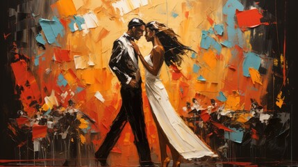 Painting of romantic dance showing the texture of thick oil paint strokes