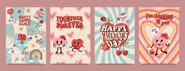 A set of postcards, posters, covers, Valentine's Day flyers. Characters and heart decor. Retro style 60s, 70s.