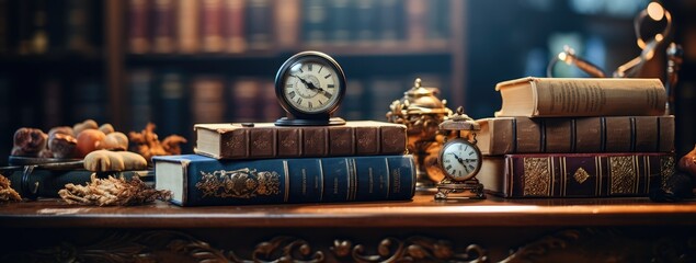 several books with antique clock on a table in a library