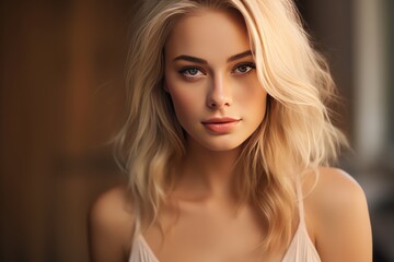 Beautiful charming blond smiling young woman looking at the camera