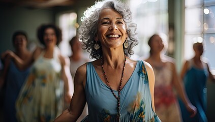 Senior woman smiling while dancing in a gym with other elderly women at the dancing class.
