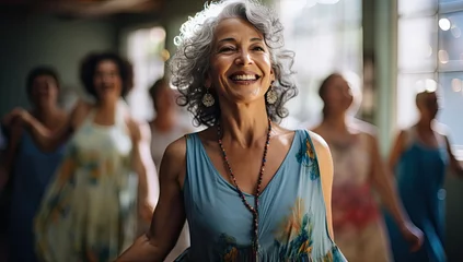 Fotobehang Senior woman smiling while dancing in a gym with other elderly women at the dancing class. © Photo And Art Panda