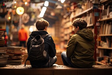 Two young boys are sitting near a book section in library reading.