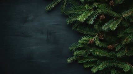 Christmas tree branches on a dark background with copyspace close-up, top view