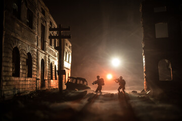 War Concept. Battle scene on war fog sky background, Fighting silhouettes Below Cloudy Skyline at...
