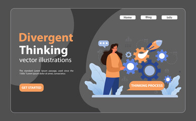 Divergent thinking process concept. Woman engages with intricate gears, symbolizing idea generation, linked by innovative thought. Exploration, creativity, mechanics. Flat vector illustration