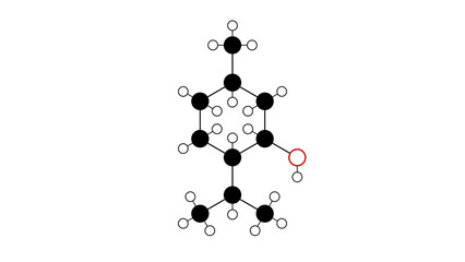 menthol molecule, structural chemical formula, ball-and-stick model, isolated image monoterpenoid