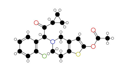 Naklejka premium prasugrel molecule, structural chemical formula, ball-and-stick model, isolated image platelet-aggregation inhibitors