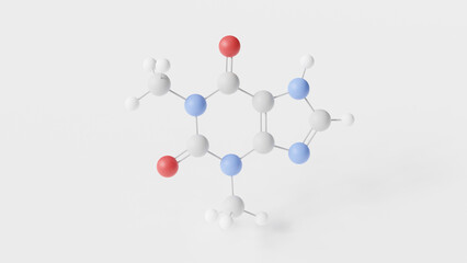 theophylline molecule 3d, molecular structure, ball and stick model, structural chemical formula 1,3-dimethylxanthine