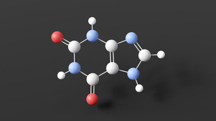 xanthine molecular structure, archaically xanthic acid, ball and stick 3d model, structural chemical formula with colored atoms