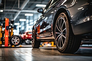 Car, tire and wheel at service station on the background of cars. - obrazy, fototapety, plakaty