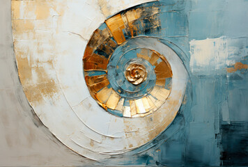 Splashes of bright paint on the canvas. Seashell. Gold, black, blue and gray colors. Interior painting. Beautiful background. Generative AI.