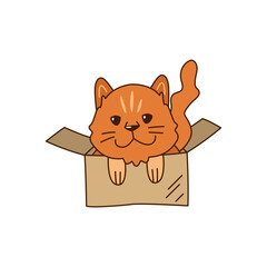 Cute little red cat in a cardboard box. Shelter a pet. Kawaii vector illustration.