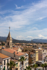Fototapeta na wymiar View of church tower and town