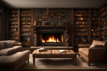 A cozy fireplace with built-in bookshelves on either side