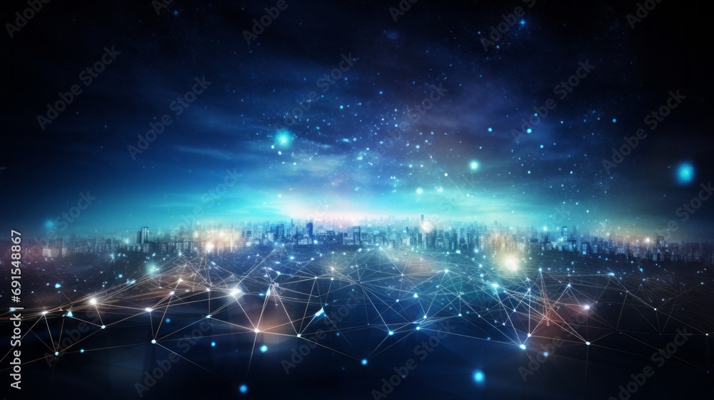 Poster dynamic cyberspace: neon glow and digital network connections, abstract 3d render