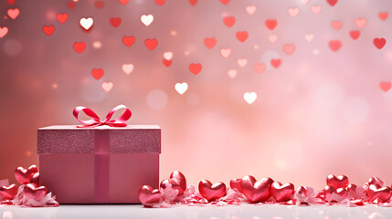 Light pink present box with pink bow and small pink shiny hearts against blurred background with flying hearts. Valentine's day or wedding day concept. Gift of love. Love and relations