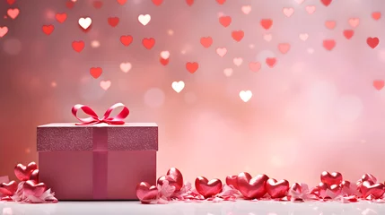 Fotobehang Light pink present box with pink bow and small pink shiny hearts against blurred background with flying hearts. Valentine's day or wedding day concept. Gift of love. Love and relations © Alina