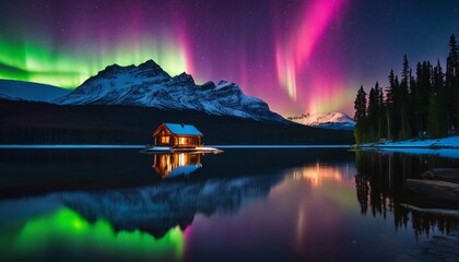 Aurora borealis over log cabin with lights on at night - picturesque, natural phenomenon - obrazy, fototapety, plakaty