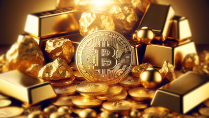 Bitcoin among gold treasures, concept of cryptocurrency investment, digital gold, wealth and crypto mining, shining BTC coin with gold nuggets and bars, wealth in digital age, luxury and blockchain