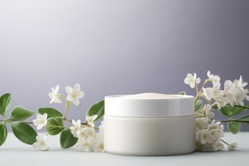 Obraz na płótnie Canvas Cosmetic cream blank jar mock up with white flowers on light pastel background.